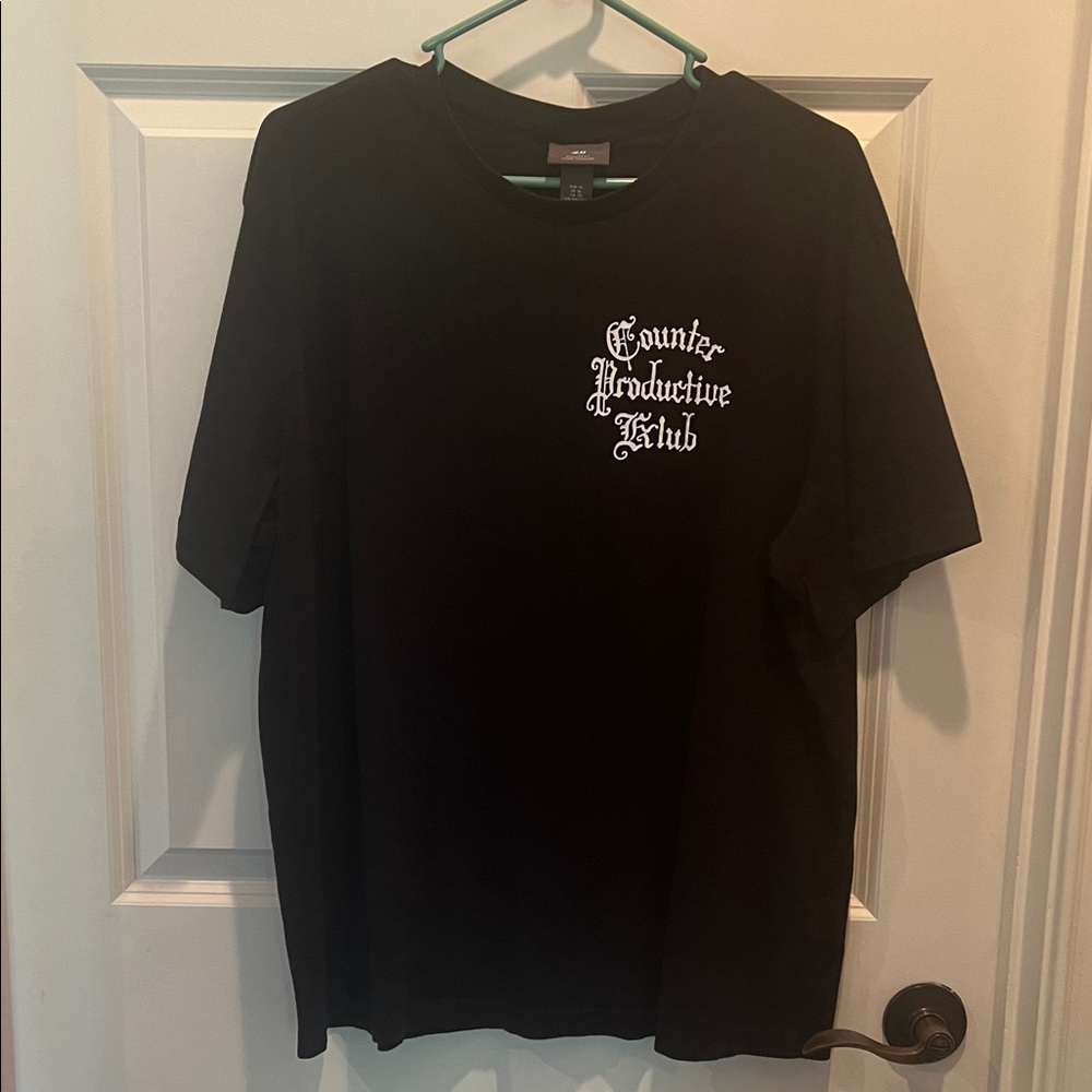 H&M Black Short Sleeve Tee with White Gothic Chest Logo